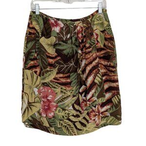 Lillie Rubin Tropical Floral Skirt Womens Size 12 Green Brown 100% Silk Lined
